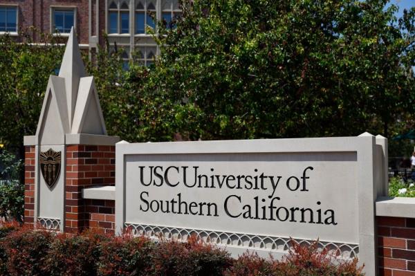 A sign for the University of Southern California sits on its campus in Los Angeles, California, 