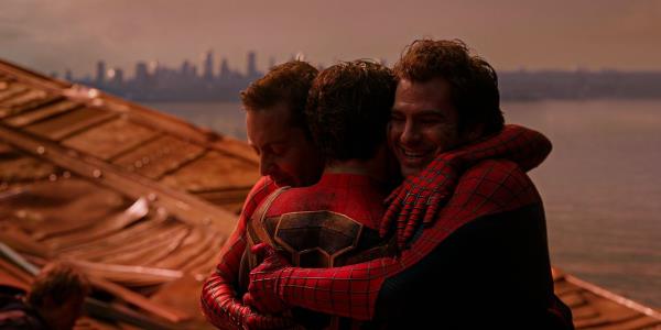 Tobey Maguire, Andrew Garfield and Tom Holland hug in Spider-Man: No Way Home